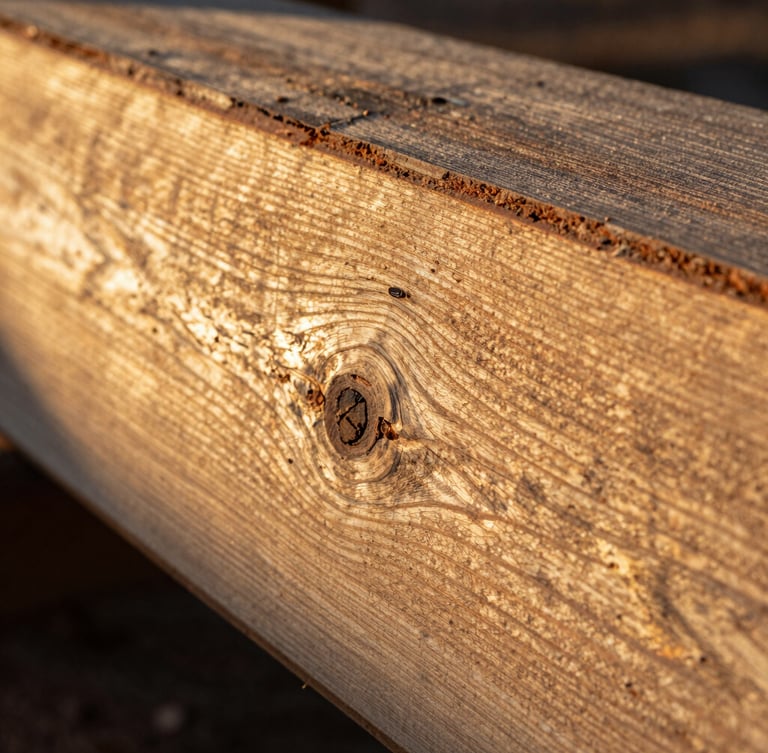 Extreme close-up of rough-sawn Utah pine timber, deep natural grain, low-angle golden hour light casting long shadows.