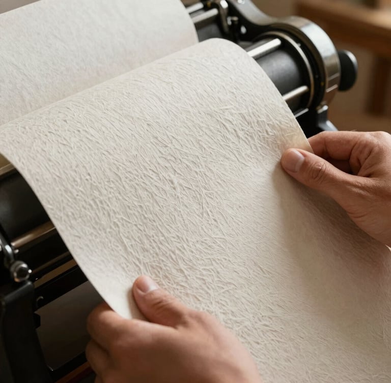 Hands of an artisan pressing heavy, textured cotton paper stock onto a vintage letterpress machine, warm natural light highlighting the deep paper grain.