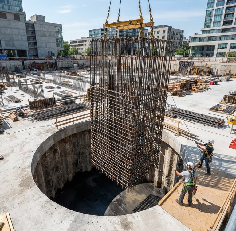 Crisp architectural photography of a clean, organized construction site, steel reinforcement bars of a foundation cage being lowered, bright daylight, technical precision