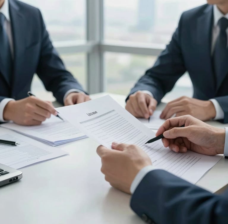 Close-up of professional hands in a bright boardroom reviewing physical financial documents, natural daylight filtered through large windows, sharp focus.