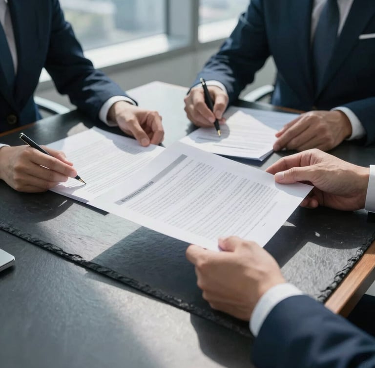 Close-up of professional hands reviewing physical financial documents on a dark slate boardroom table, dramatic daylight from a side window, high-end corporate atmosphere