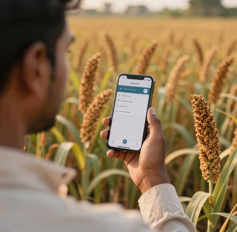 Over-the-shoulder shot of an Indian agronomist holding a mobile device displaying a clean dashboard in a sunlit millet field, golden-hour natural light, 35mm