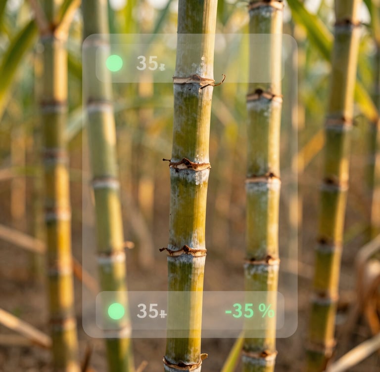 A close-up of healthy sugarcane stalks in Maharashtra with a subtle translucent digital UI overlay showing soil moisture percentages, warm golden-hour sunlight, shallow depth of field, 35mm.