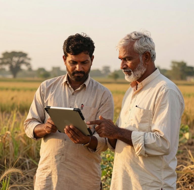 A developer and a local farmer standing together in a sun-drenched agricultural field in India, looking at a rugged tablet device, warm golden-hour lighting, authentic, 35mm.