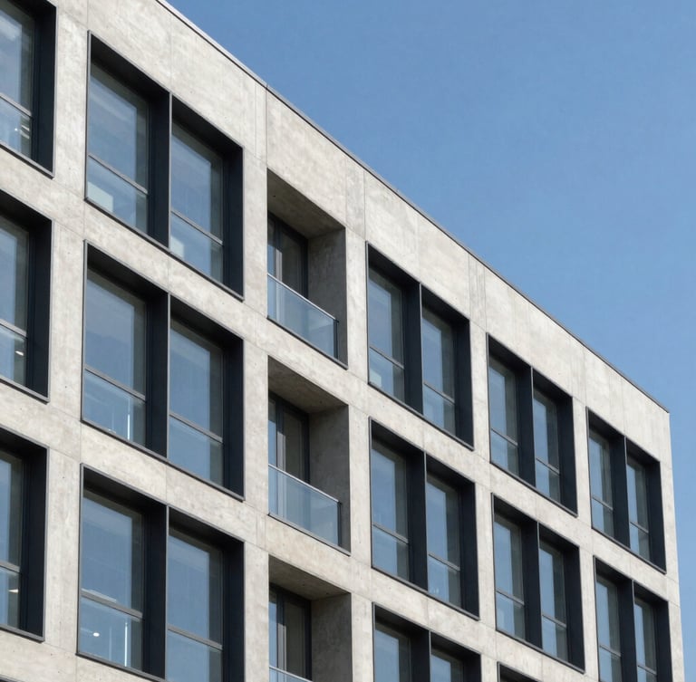 Architectural photography of a modern concrete and steel building facade against a clear blue sky, sharp daylight, clean geometric lines, professional corporate blue and gray tones