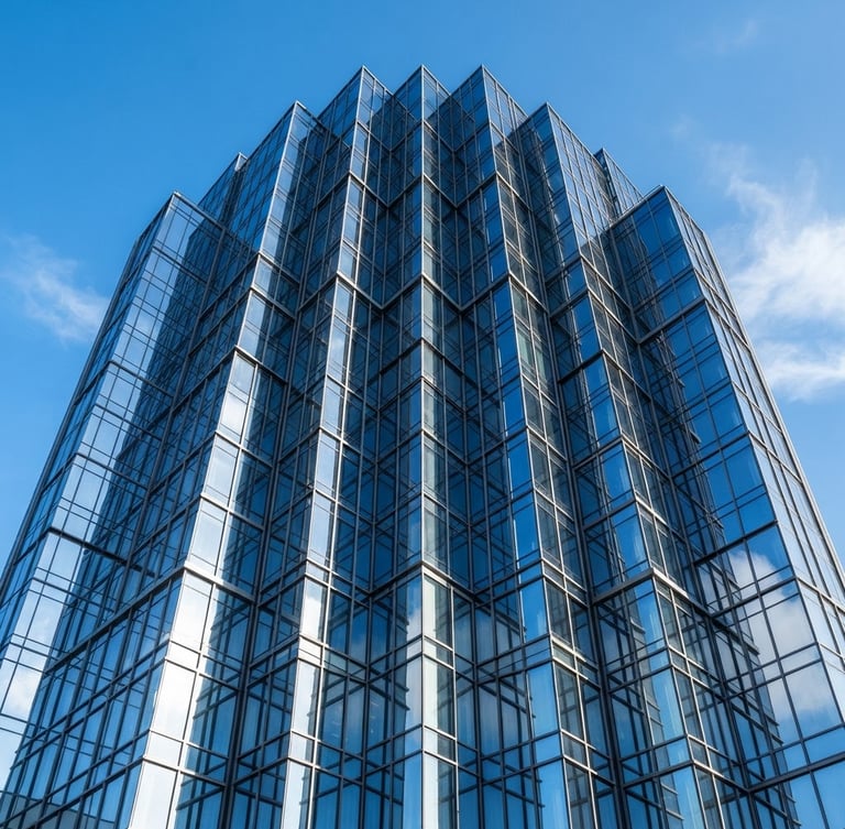 Wide shot of a modern glass-clad skyscraper facade reflecting a clear blue sky, sharp architectural lines, bright morning light, no streaks or imperfections.