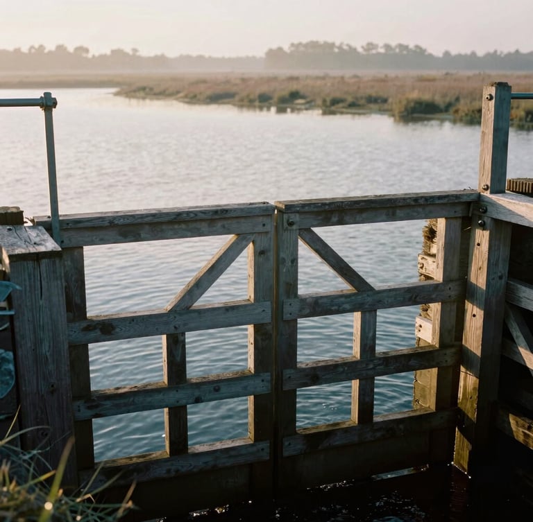 Close-up of a timber-framed water control gate installed in a marshy wetland, soft late-afternoon sun glinting off the water, rugged construction.