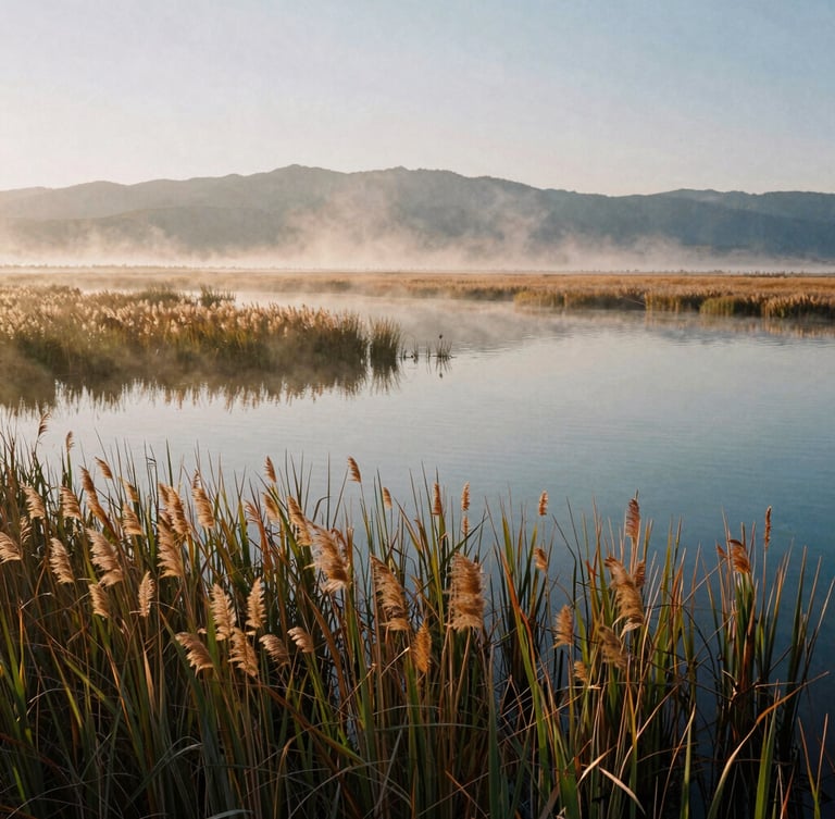 A wide landscape shot of a Utah wetland at dawn, early morning mist rising from the water, native reeds in the foreground, 35mm film look.