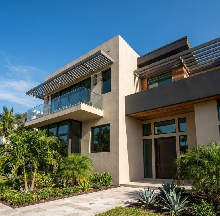 Low-angle architectural photography of a luxury modern Florida estate with pristine sand-finish stucco, bright natural sunlight casting sharp geometric shadows.