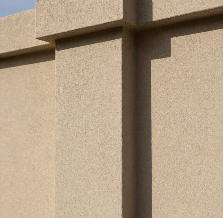 Extreme close-up of premium sand-finish stucco texture, sharp architectural details, natural daylight highlighting the tactile masonry surface.