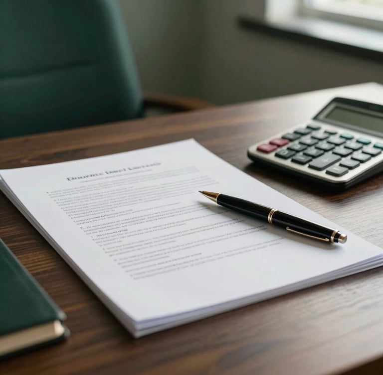 A professional close-up of legal documents, a fine pen, and a calculator on a dark wooden desk, soft natural overcast daylight, deep forest green tones, highly corporate.