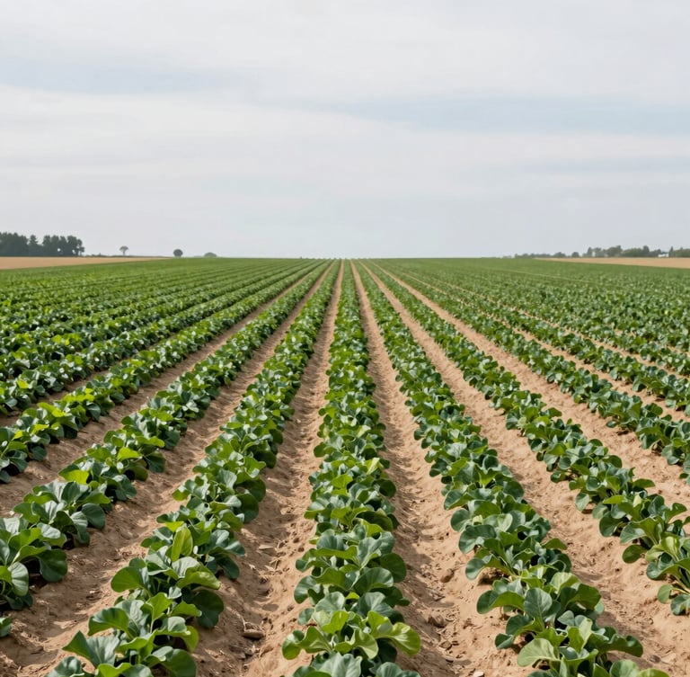 A wide shot of a modern agricultural field with neat green rows under a soft overcast sky, clean and organized corporate agricultural setting.