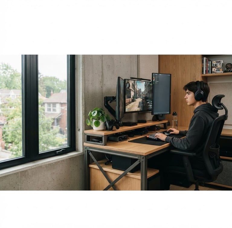 teenager focused on a gaming setup with multiple monitors, integrated into a modular, steel-reinforced desk system, warm oak and charcoal tones, natural window light, architectural framing, right third of a wide panoramic frame, expansive negative space to the left