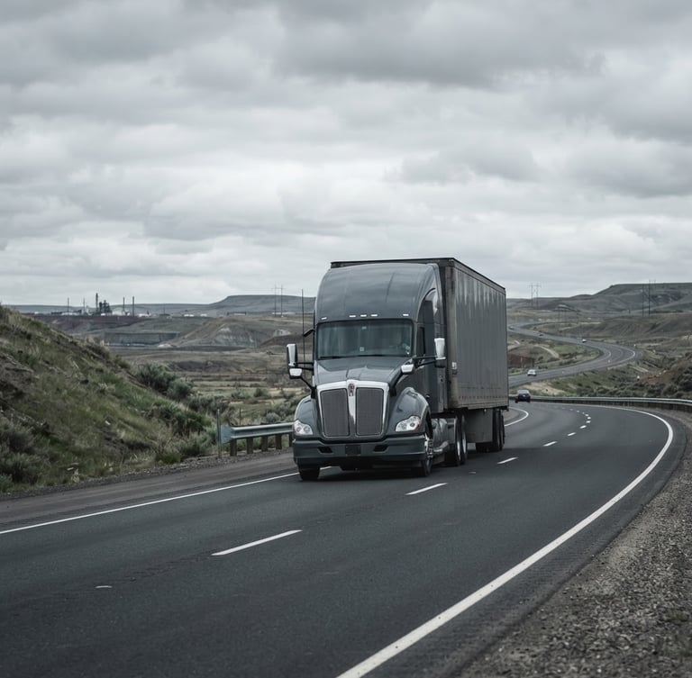 Branded commercial transport truck on a clear regional highway, crisp overcast daylight, desaturated industrial tones, sharp focus, 35mm lens, with expansive sky and road visible.