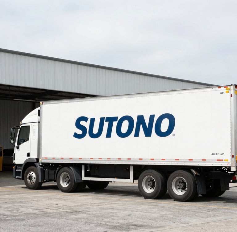 Branded commercial transport truck parked at a modern logistics hub in Raleigh, NC, under crisp overcast daylight, desaturated industrial tones, sharp focus, 35mm lens, showing the side of the truck with branding.