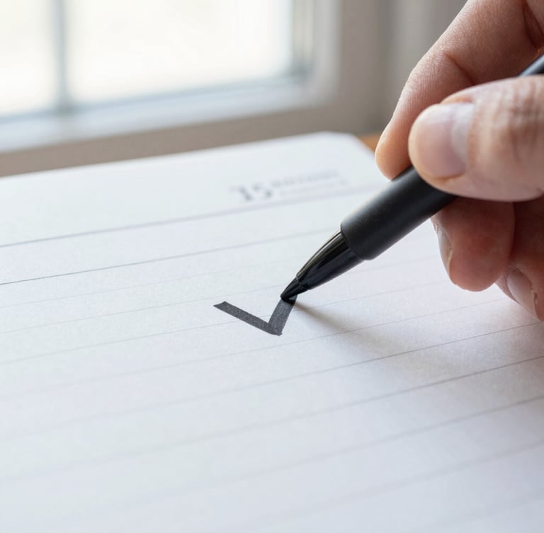 Macro shot of a hand marking a bold black checkmark in a clean analog planner, bright morning window light, high-contrast cool tones, sharp focus, 35mm