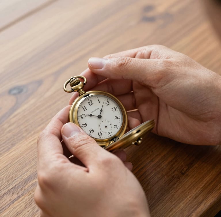 Close-up of hands carefully inspecting an antique brass pocket watch, warm editorial photography, soft natural daylight, rich wood background, shallow depth of field.