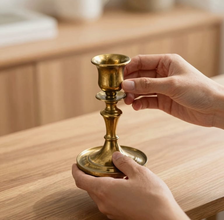 Close-up of hands carefully inspecting a vintage brass candlestick in warm natural daylight, soft focus, elegant wood background