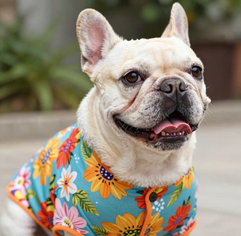 Close-up of a happy French Bulldog wearing a colorful, perfectly fitted custom floral shirt, bright natural daylight, joyful pet photography