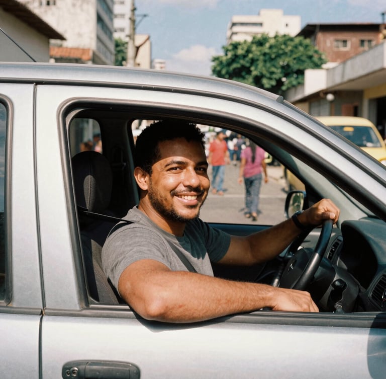 Portrait of a smiling Brazilian male driver in his car, looking at the camera, warm natural sunlight, authentic, 35mm