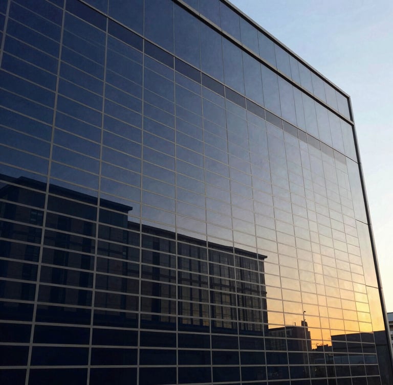 Close-up of a commercial financial spreadsheet on a screen, clean architectural glass reflection, sharp focus, deep navy tones