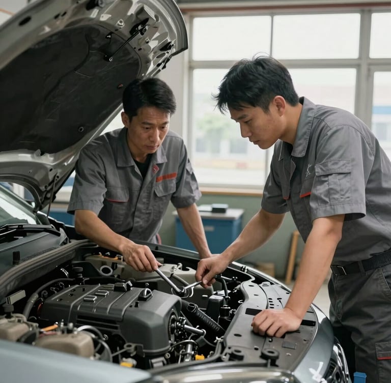 Environmental shot of two mechanics in clean grey uniforms discussing a tool over an open engine bay, natural light pouring through workshop windows.