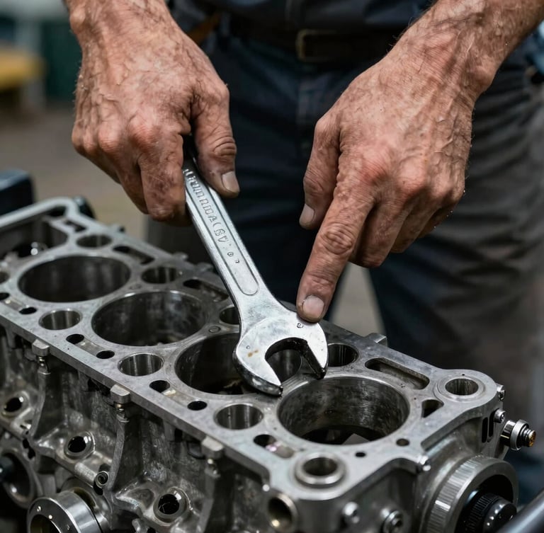 Tight macro portrait of a mechanic's grease-stained hands holding a heavy steel wrench over a clean engine block, high contrast, cool natural workshop lighting.