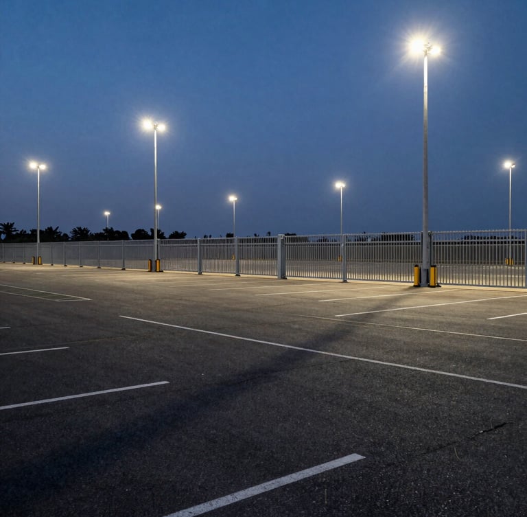 Wide environmental shot of a secure asphalt parking yard at dusk, high-contrast security floodlights casting sharp shadows, heavy steel gates visible, no people.