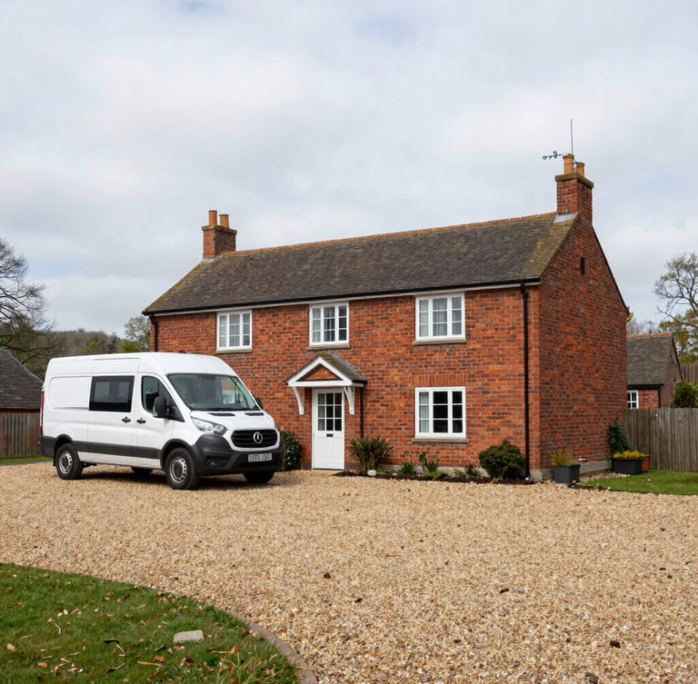 A wide environmental shot of a clean, simple brick guesthouse in Bedford with a large gravel driveway where a commercial transit van is parked, flat overcast daylight.