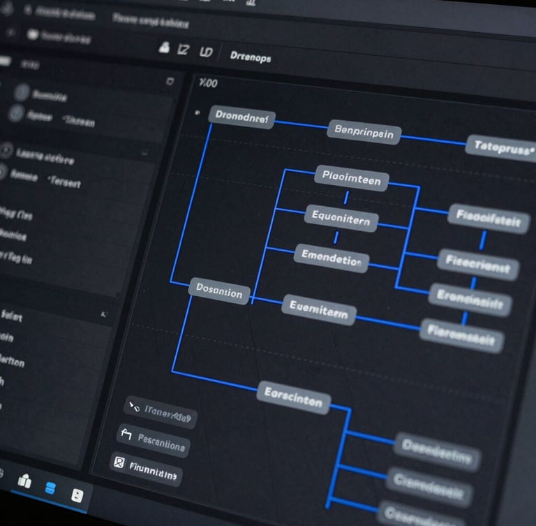 Extreme close-up of a high-fidelity dark UI mockup showing structured node graphs and creative workflow automation pipelines, sharp cobalt lines.