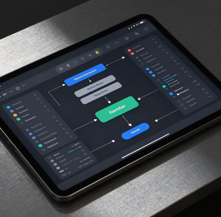 Extreme close-up on a high-fidelity dark UI mockup showing structured data nodes and workflow automation pipelines on a clean, brushed-metal desktop, sharp directional shadows