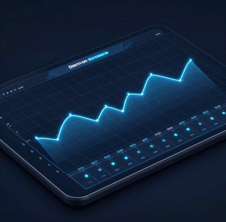 Isometric high-fidelity interface mockup of a dark-themed telemetry dashboard, electric blue data curves, glowing grid lines, deep navy background