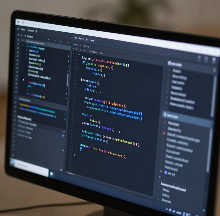 Isometric high-fidelity interface mockup of a developer IDE with clean code lines and cool blue highlights, screen-lit environment.