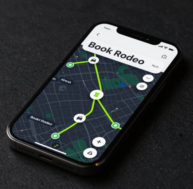 High-fidelity UI mockup of the Book Rodeo mobile application on a dark smartphone screen, showing real-time GPS routing lines in neon green and active driver locations on a dark-themed map.
