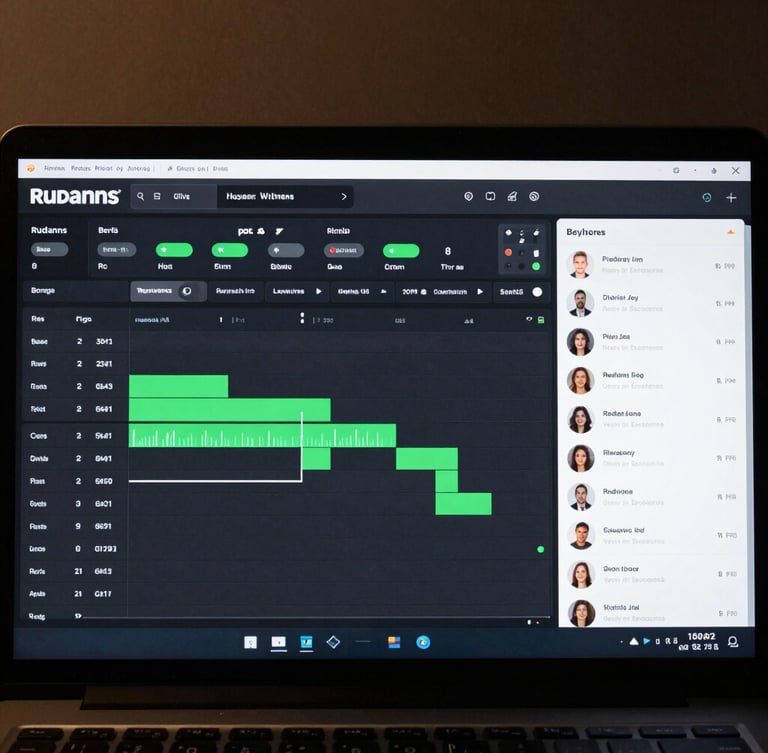 Close-up front-facing mockup of the Rudrans desktop dashboard on a dark screen, showing clean timeline analytics, terminal-green status indicators, and active employee management streams.