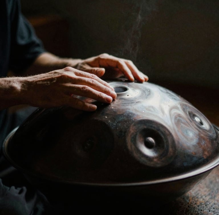 Close-up of hands gently striking a dark metallic handpan, soft dramatic side-lighting, dust particles floating in a single beam of light, shallow depth of field, 35mm film style