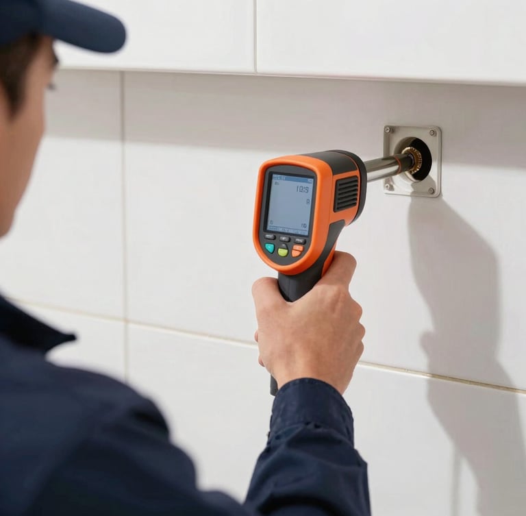 A close-up of a professional technician's hands in clean navy blue uniform using a digital thermal imaging camera to detect a pipe leak behind a pristine tiled wall, bright natural daylight, clean metallic tones, sharp focus, 35mm lens
