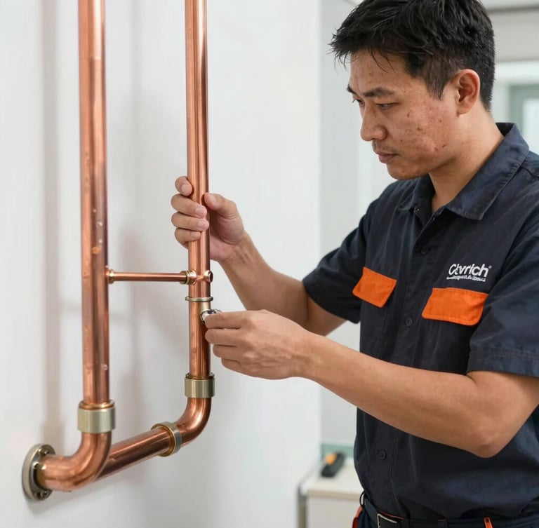 Medium environmental shot of a certified technician in a branded uniform installing high-quality copper piping, bright natural daylight, clean metallic tones with orange accents.