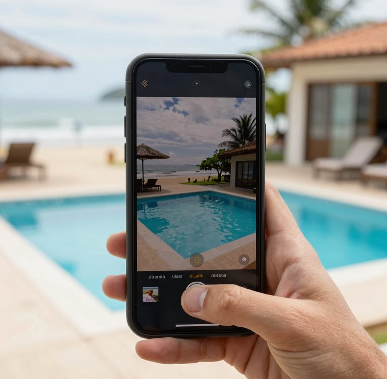 Close-up of a hand holding a smartphone displaying a live video call showing a beautiful beach house pool in Ubatuba, bright natural daylight, 35mm lens.