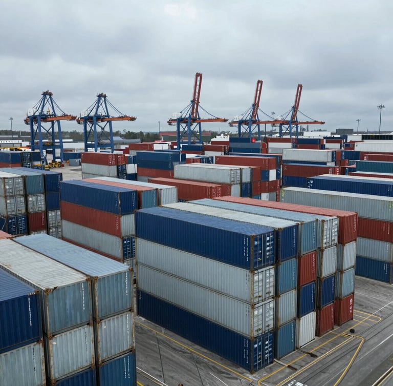 High-angle industrial documentary shot of organized shipping container stacks at the Port of Hamburg, cool overcast daylight, steel blue and gray tones.