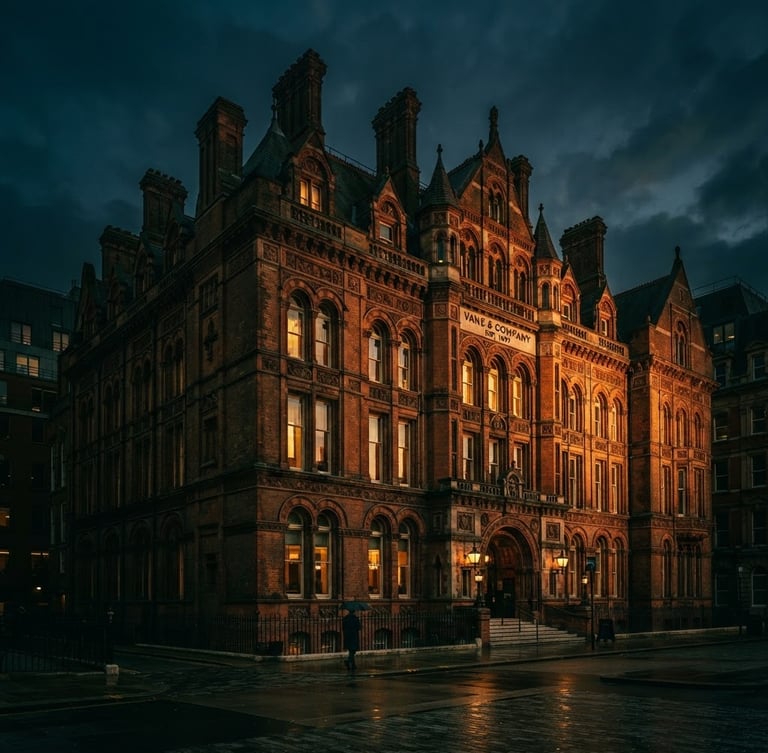 Cinematic wide shot of historic brick corporate headquarters, dramatic low-key side lighting, rich emerald shadows, medium format film