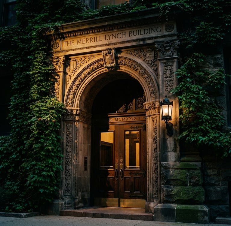Dramatic side-lit architectural detail of a historic stone corporate headquarters entryway, deep shadows, rich emerald green ivy, medium format film