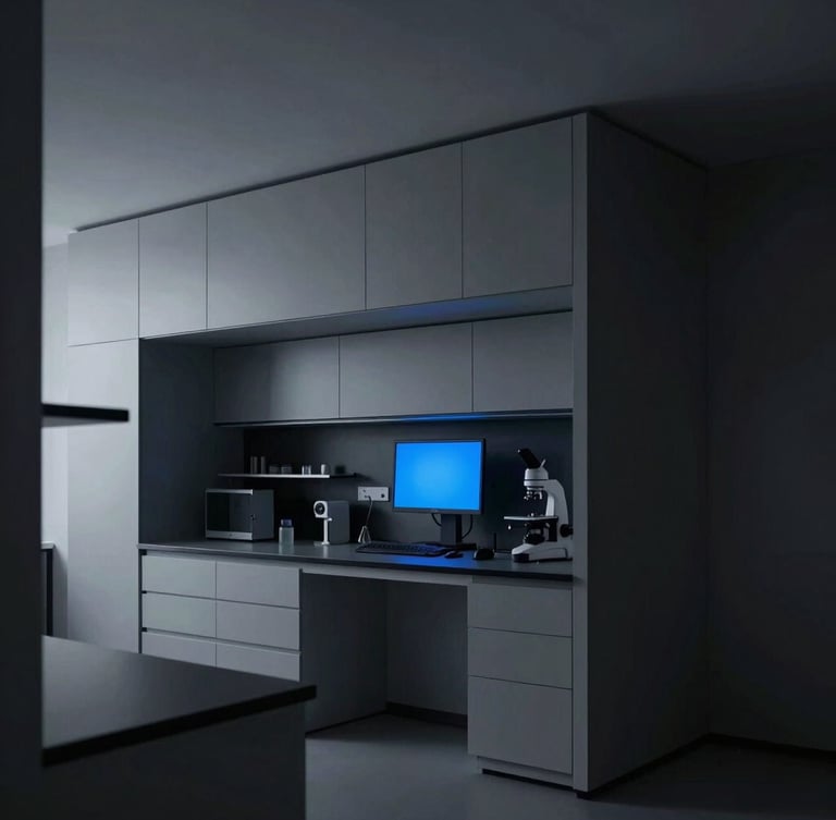 Architectural shot of a modern minimalist research laboratory, low-key lighting, cool gray and deep slate tones, sharp clean lines.