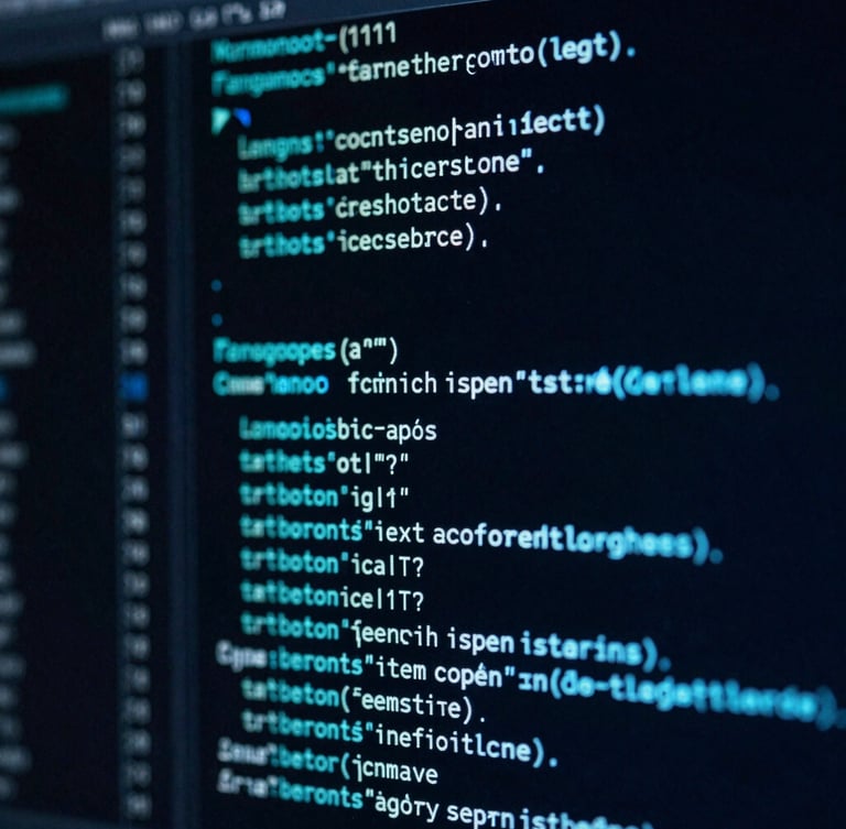 Macro close-up of a high-resolution terminal screen showing complex data structures and cyan code lines, dark moody blue lighting, 35mm.