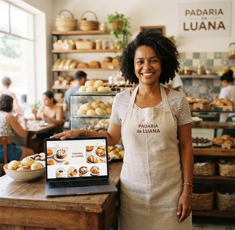 Bright modern photography of a smiling Brazilian bakery owner standing proudly in her shop, next to a laptop displaying her beautiful new website, warm natural daylight, authentic local business setting, 35mm