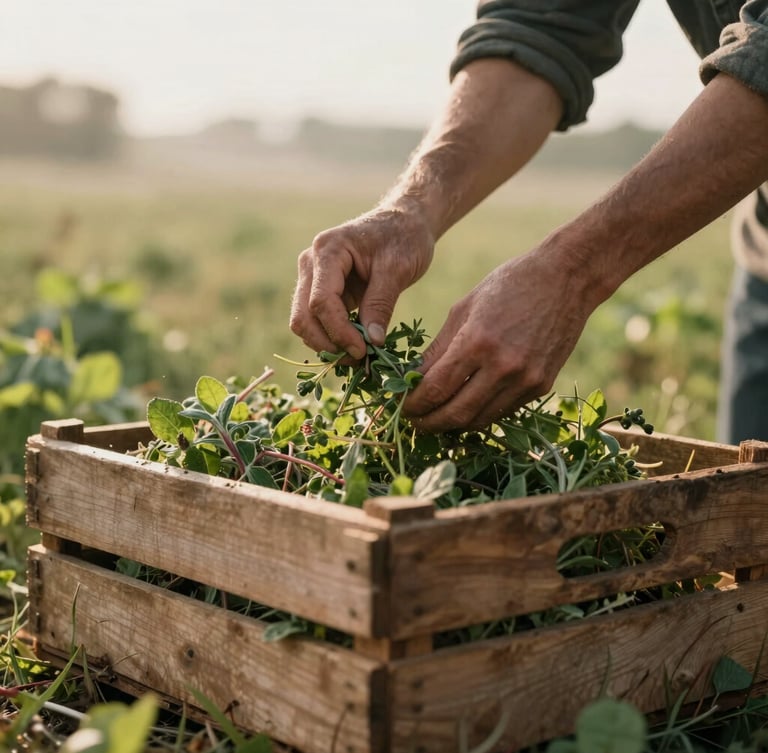 Low-angle natural light illuminating hands harvesting herbs in a quiet morning field, rustic wooden crate nearby.