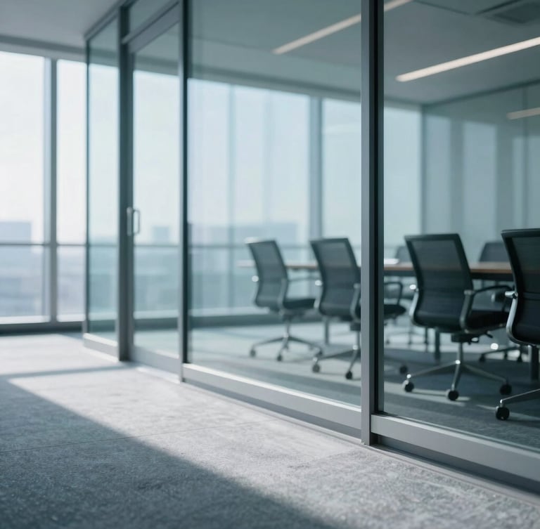 A crisp corporate photograph of a modern glass-walled conference room with cool blue tones, soft natural window light casting long shadows on a slate floor, 35mm shallow depth of field.