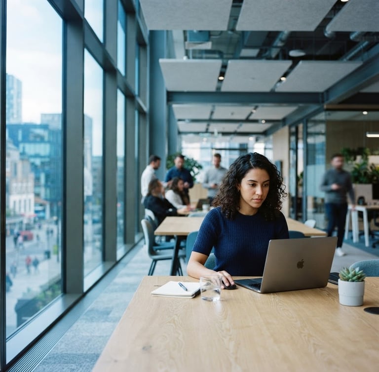 Crisp corporate photography of a modern architectural tech office interior, natural window light, cool blue and slate tones, shallow depth of field, 35mm