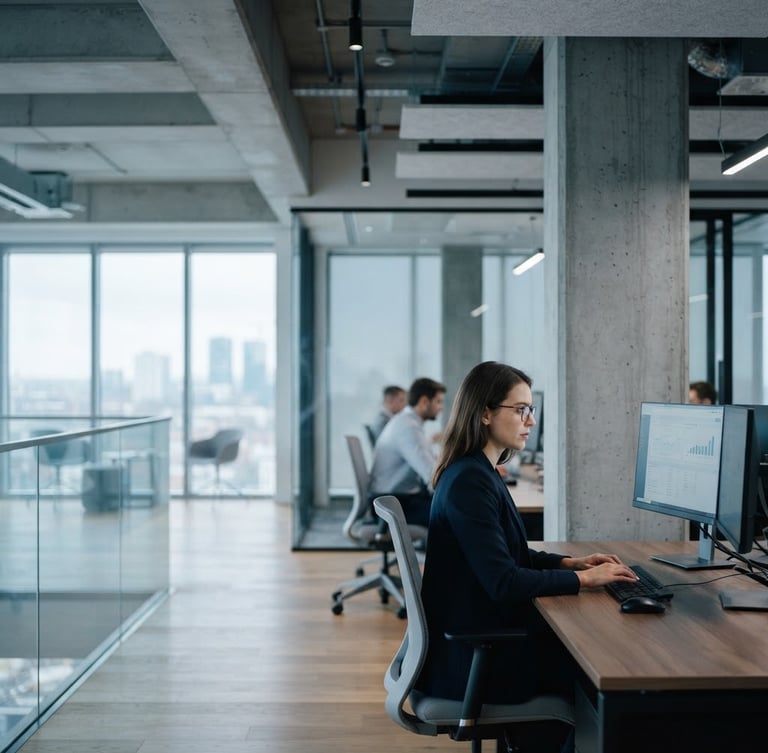 Crisp corporate photography, natural window light, cool blue and slate tones, shallow depth of field, 35mm. A sharp architectural workspace with clean lines and modern concrete pillars, negative space on the left.