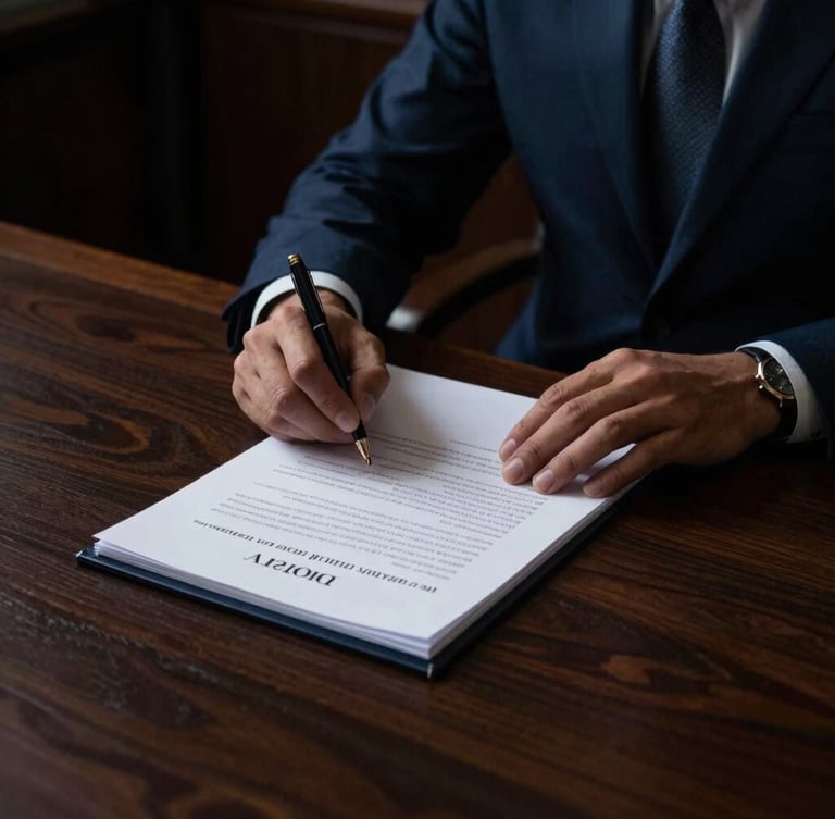 Primer plano de un documento jurídico firmado sobre un escritorio de madera oscura, iluminación lateral dramática, sombras profundas, ambiente legal de alta jerarquía.